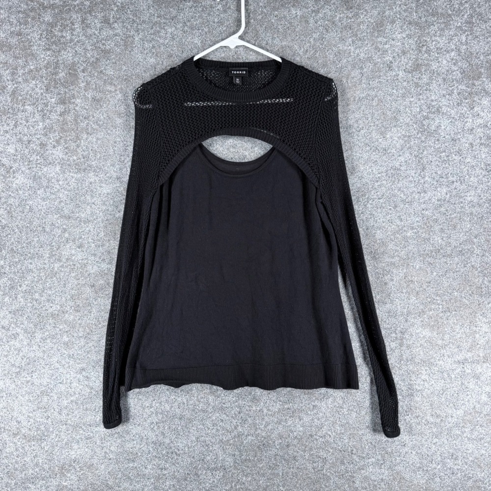 Torrid Women's Plus 00 US 10 Black Open Knit Cutout Layered Long Sleeve Top